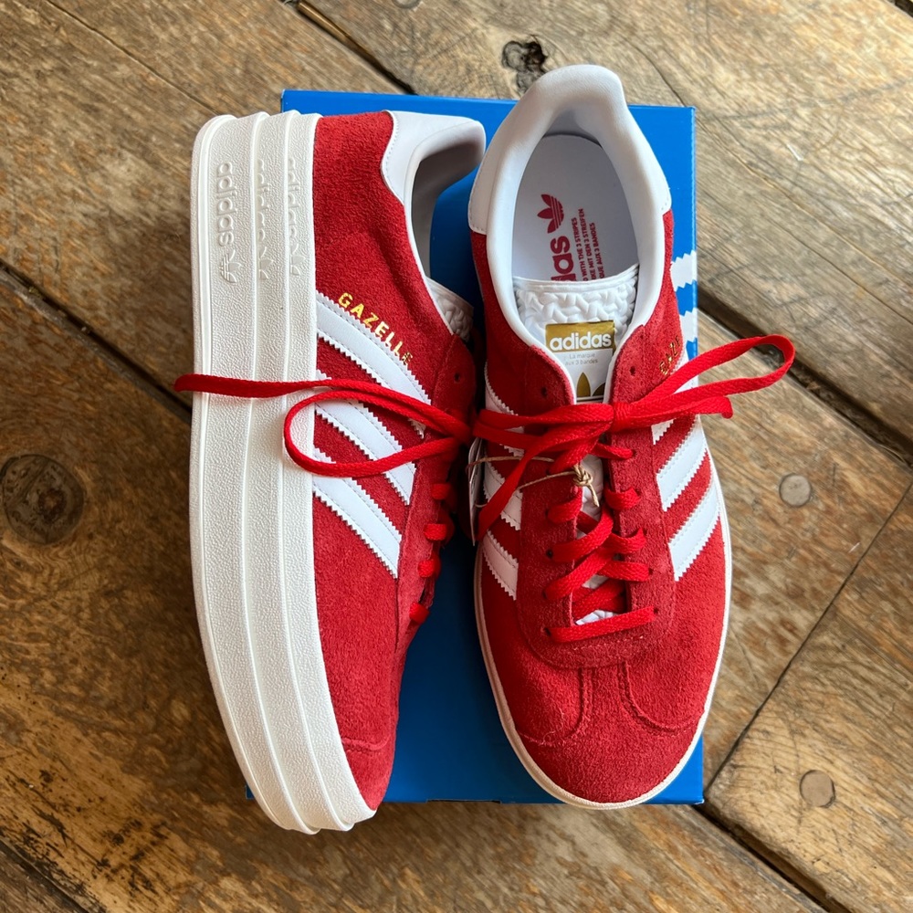 Woman’s Adidas Gazelle Bold, Red Suede w/ Platform Sole. Unworn!
